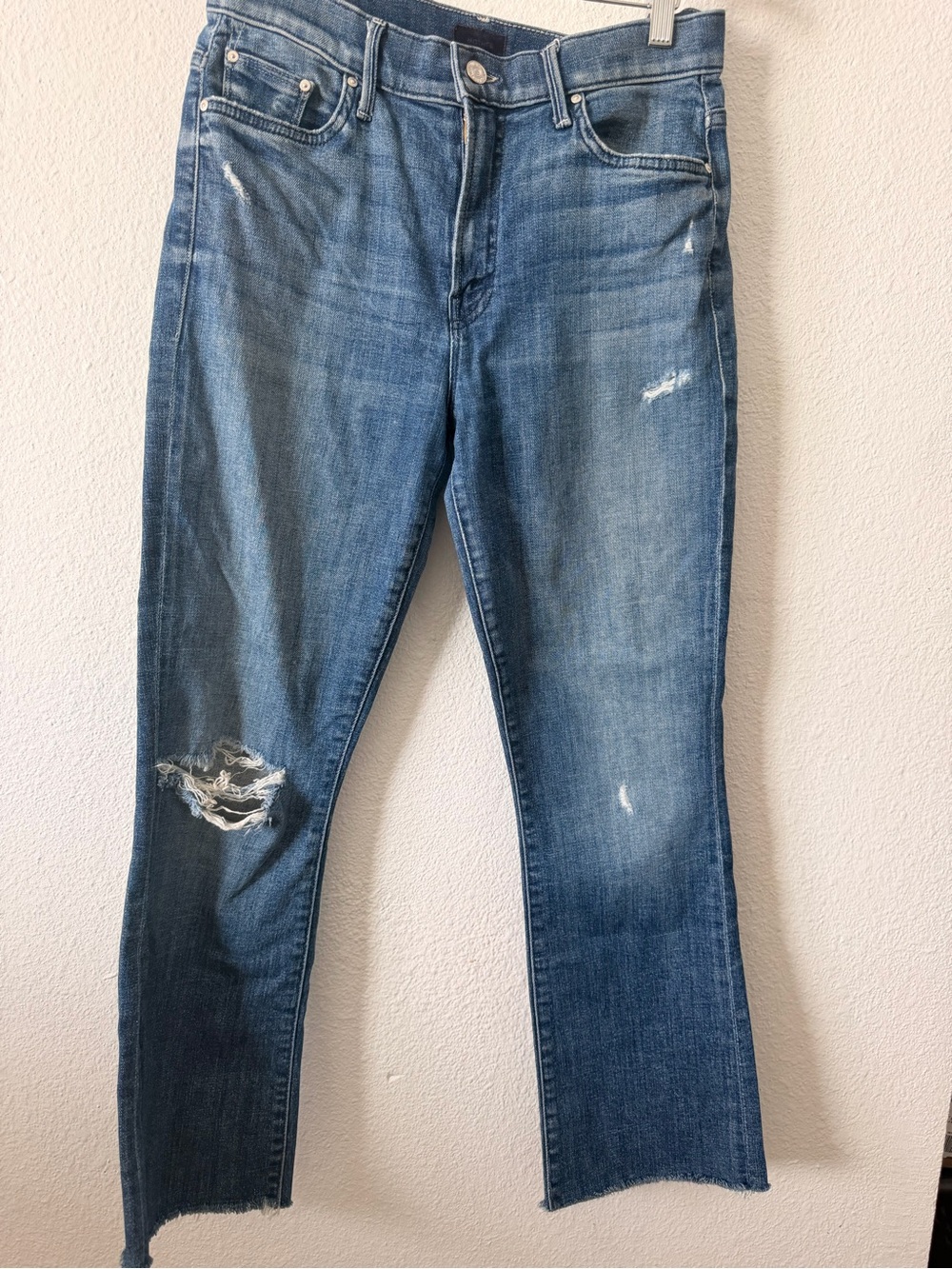 MOTHER Distressed High-Rise Straight Crop Jeans in Medium Blue Wash - Picture 2 of 16